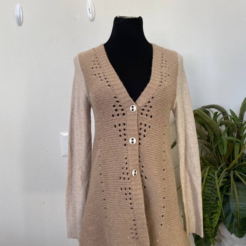 Free People Beige Ivory Knit Boho Lace Detail Button Closure Wool Sweater Size S